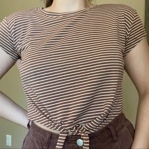 Brown Striped Knot Front Cropped Tee